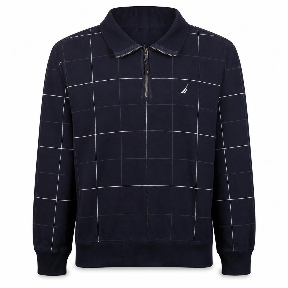 Nautica Men's Blue Check 1/4 Zip Collared Sweatshirt L