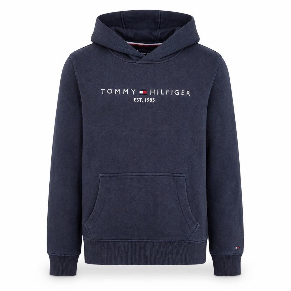Front view of Tommy Hilfiger boys’ navy blue hoodie, size 164, pullover fleece sweatshirt
