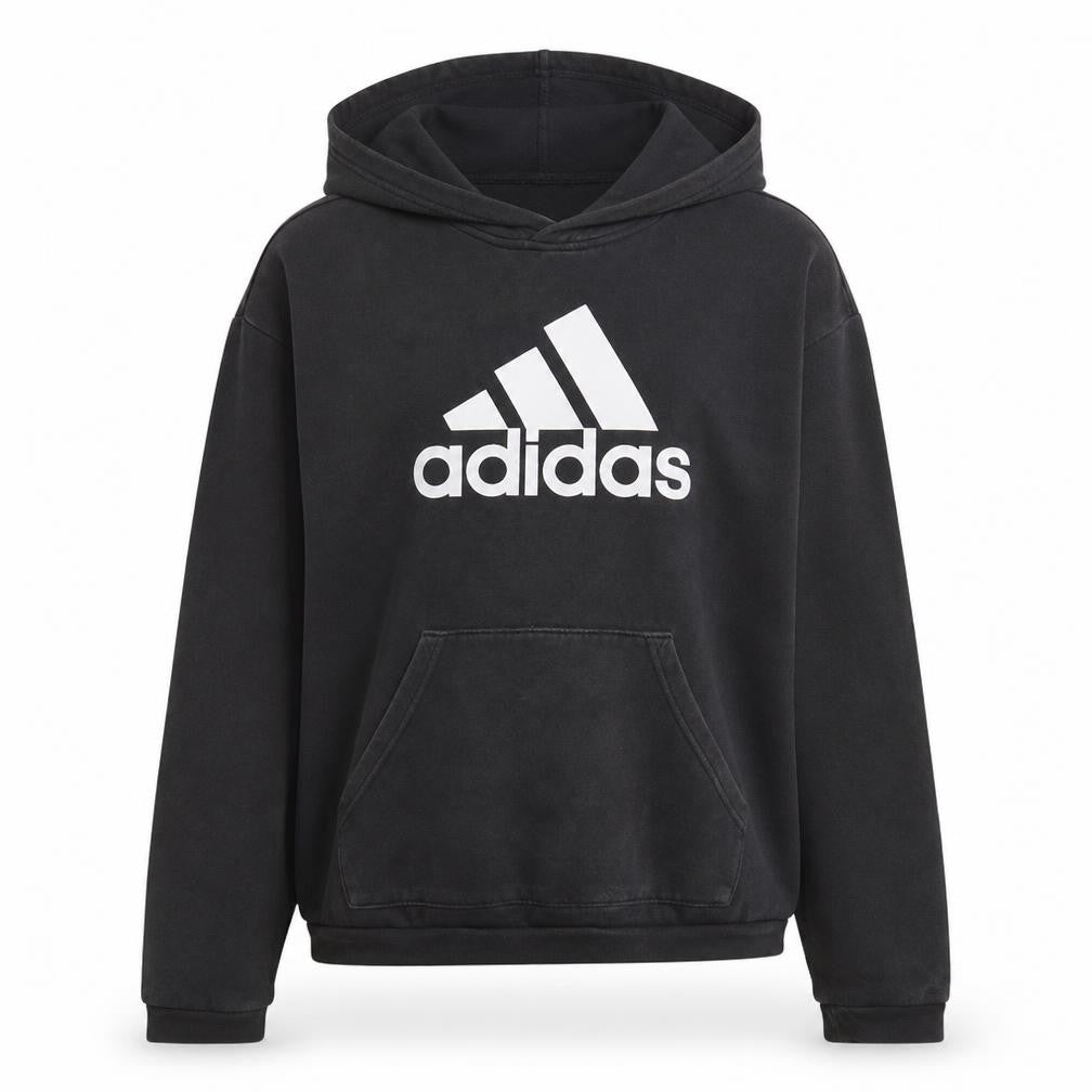 Front view of Adidas women’s black pullover hoodie, size M, logo print casual