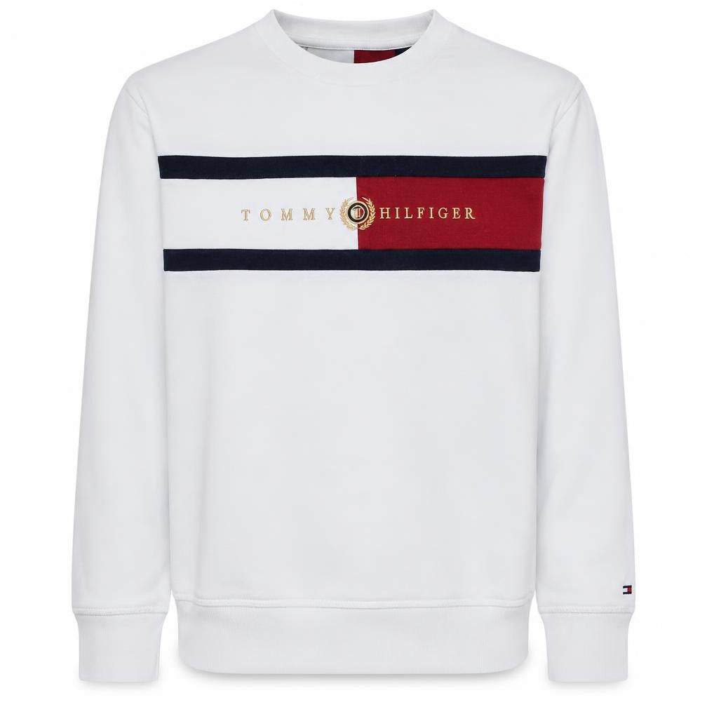 Front view of Tommy Hilfiger boys’ white colourblock logo sweatshirt, size 152, pullover