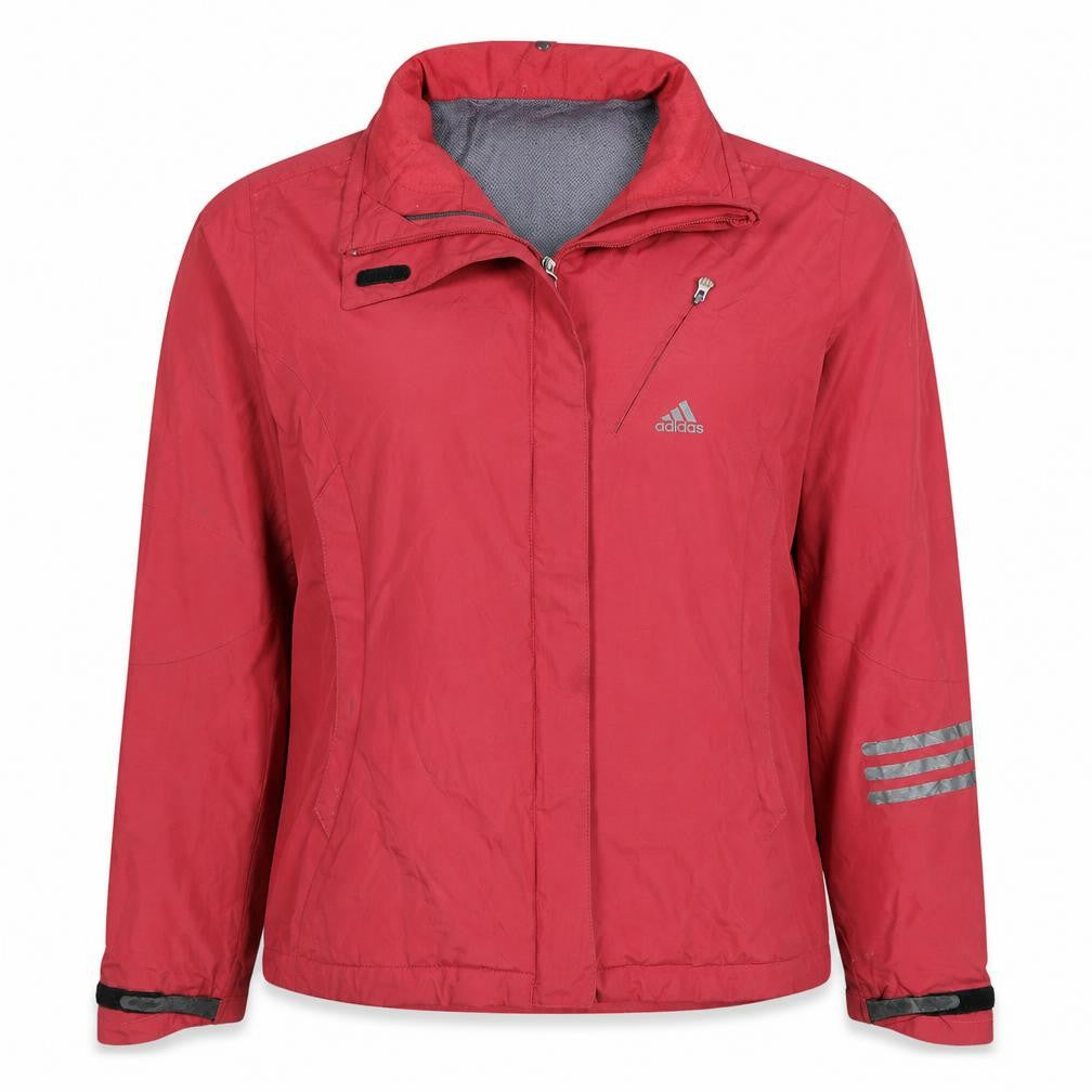 Front view of Adidas Women's Red Windbreaker Jacket, size 16, Reflective Sport Style