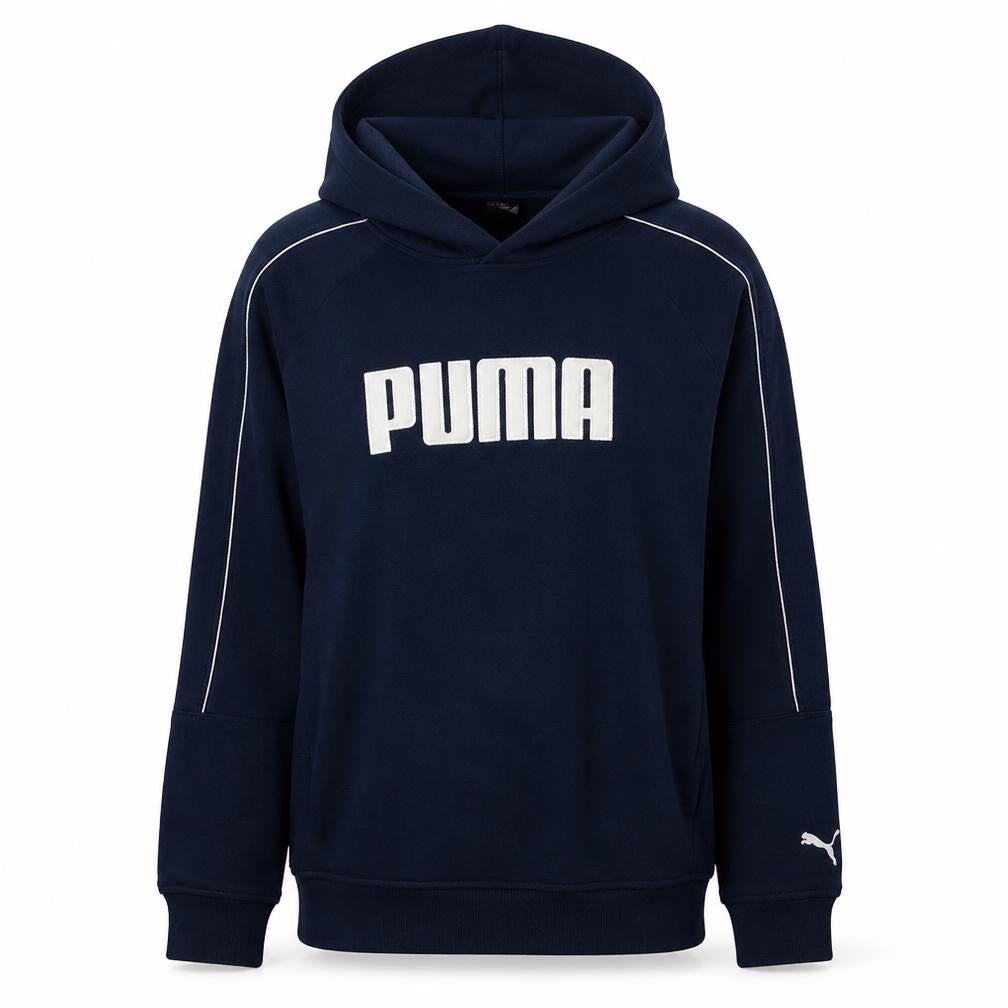 Front view of Puma women’s navy blue pullover hoodie xxl logo casual sweatshirt