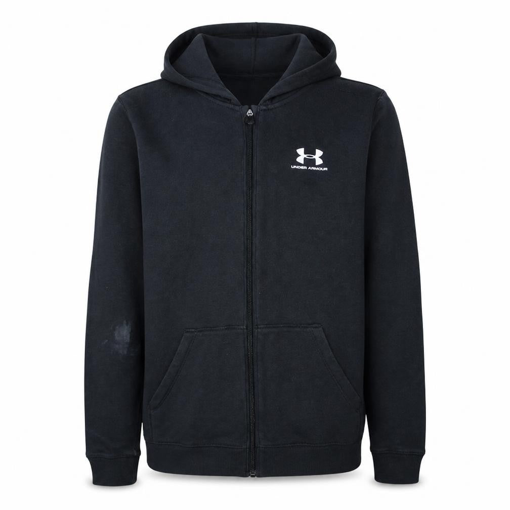 Front view of Under Armour boys’ black full zip hoodie, size 13-14, years coldgear