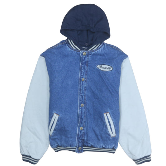 Route 66 Women's Blue Denim Varsity Jacket Size 16 Hooded Casual