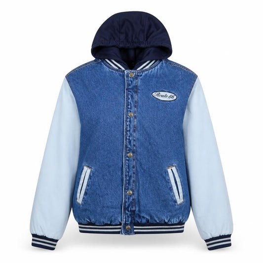 Route 66 Women's Blue Denim Varsity Jacket Size 16 Hooded Casual