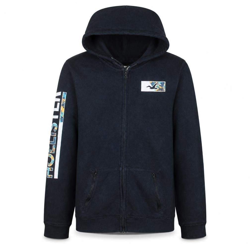 Hollister Men's Black Full Zip Hoodie L Logo Graphic Fleece