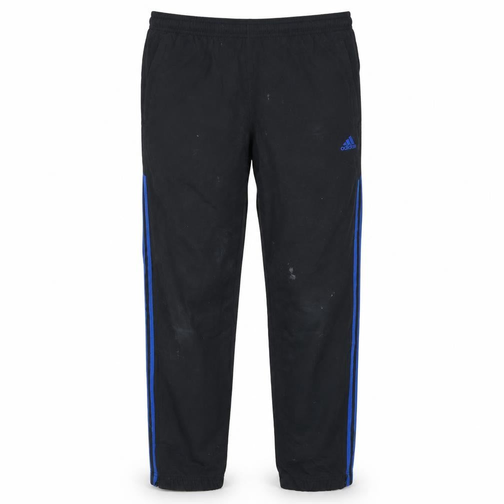 Front view of Adidas Men's Black M Track Pants with Blue Side Stripes