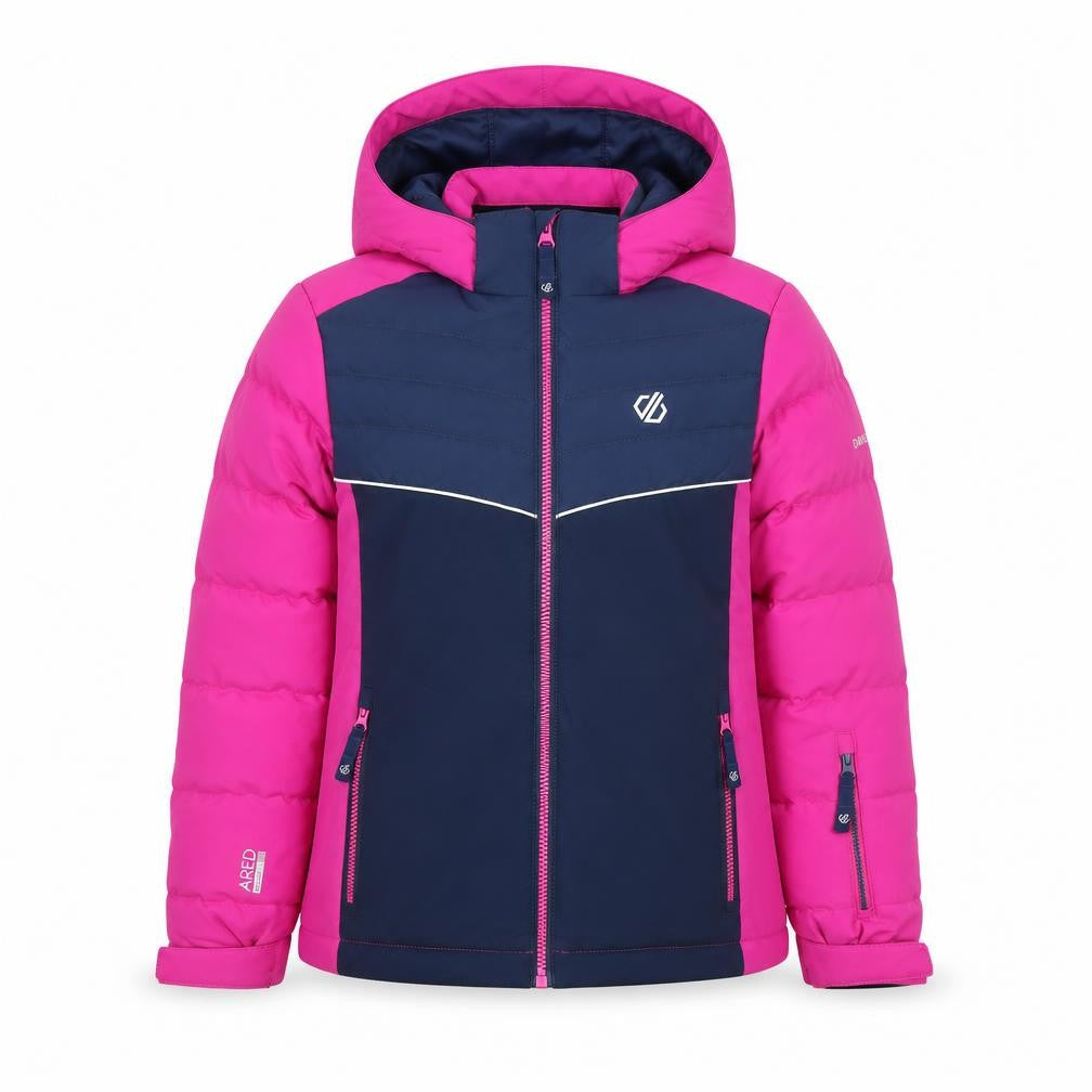 Front view of Dare 2b girls’ pink & blue hooded puffer jacket 9-10 years winter coat