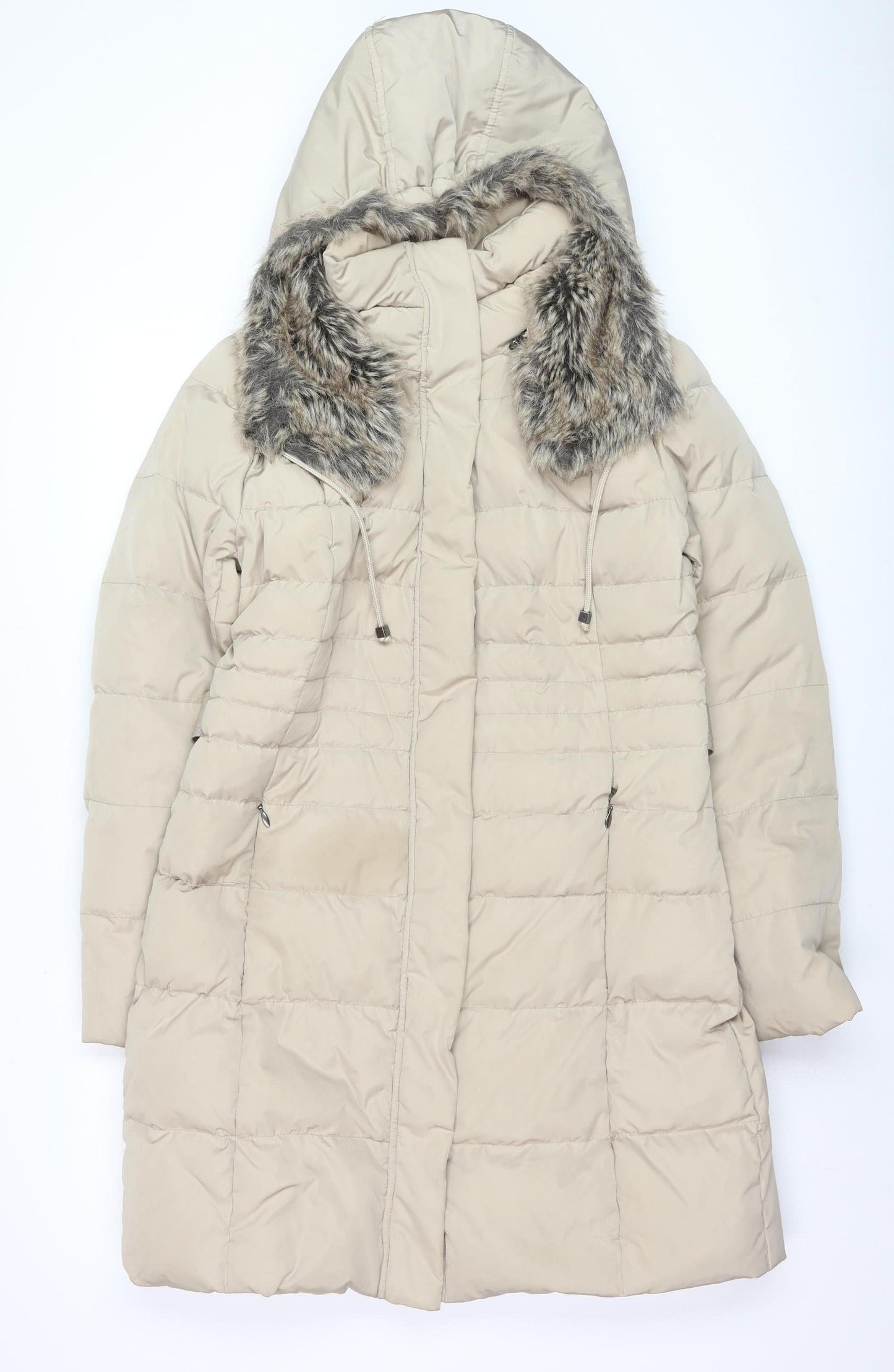 Phase Eight Women's Beige Long Puffer Coat Size 12 Hooded Belted
