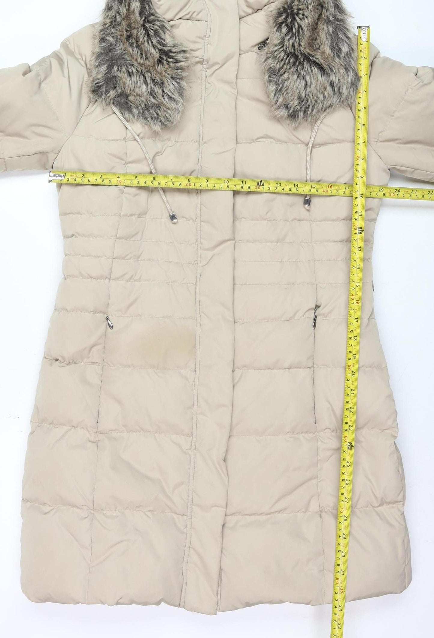 Phase Eight Women's Beige Long Puffer Coat Size 12 Hooded Belted