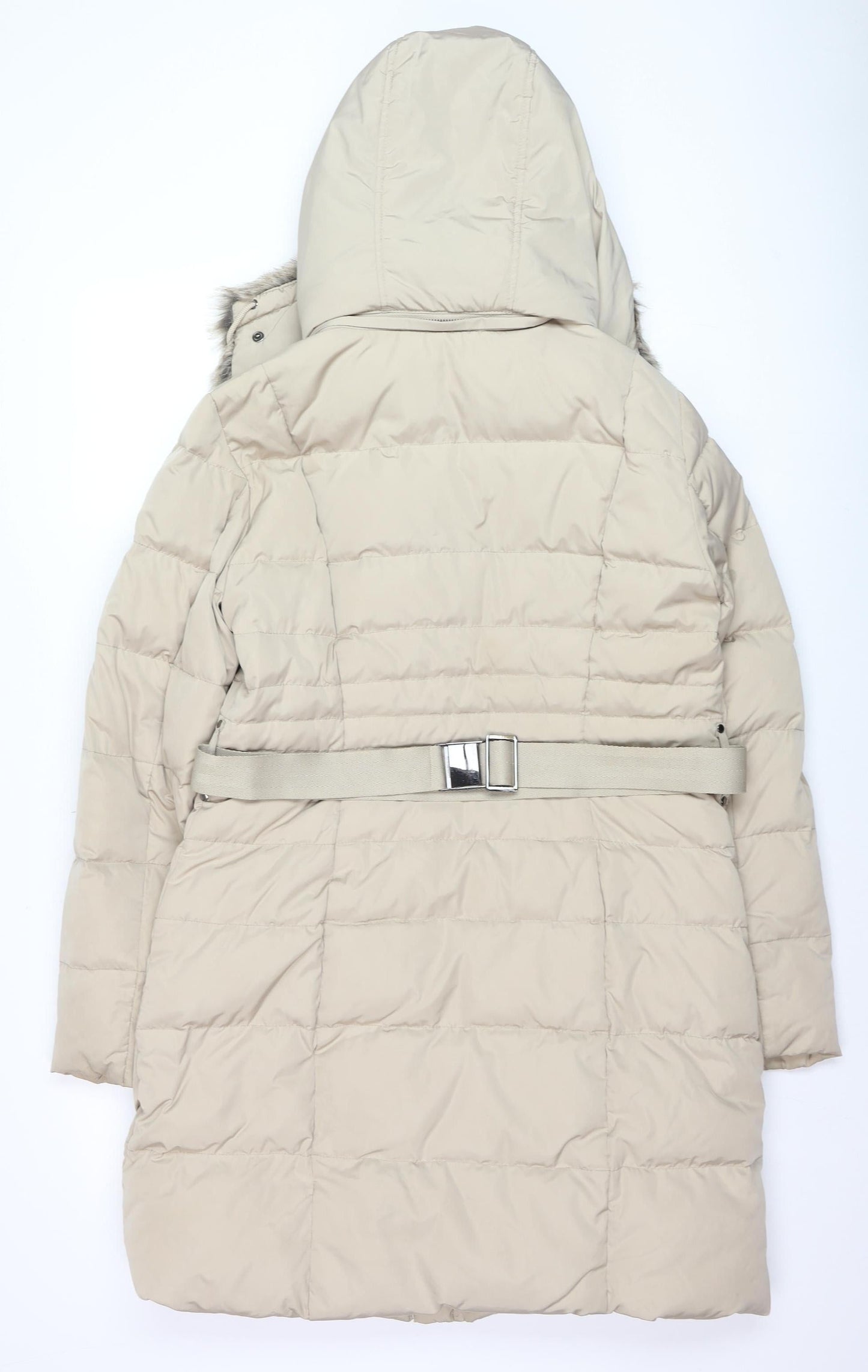 Phase Eight Women's Beige Long Puffer Coat Size 12 Hooded Belted