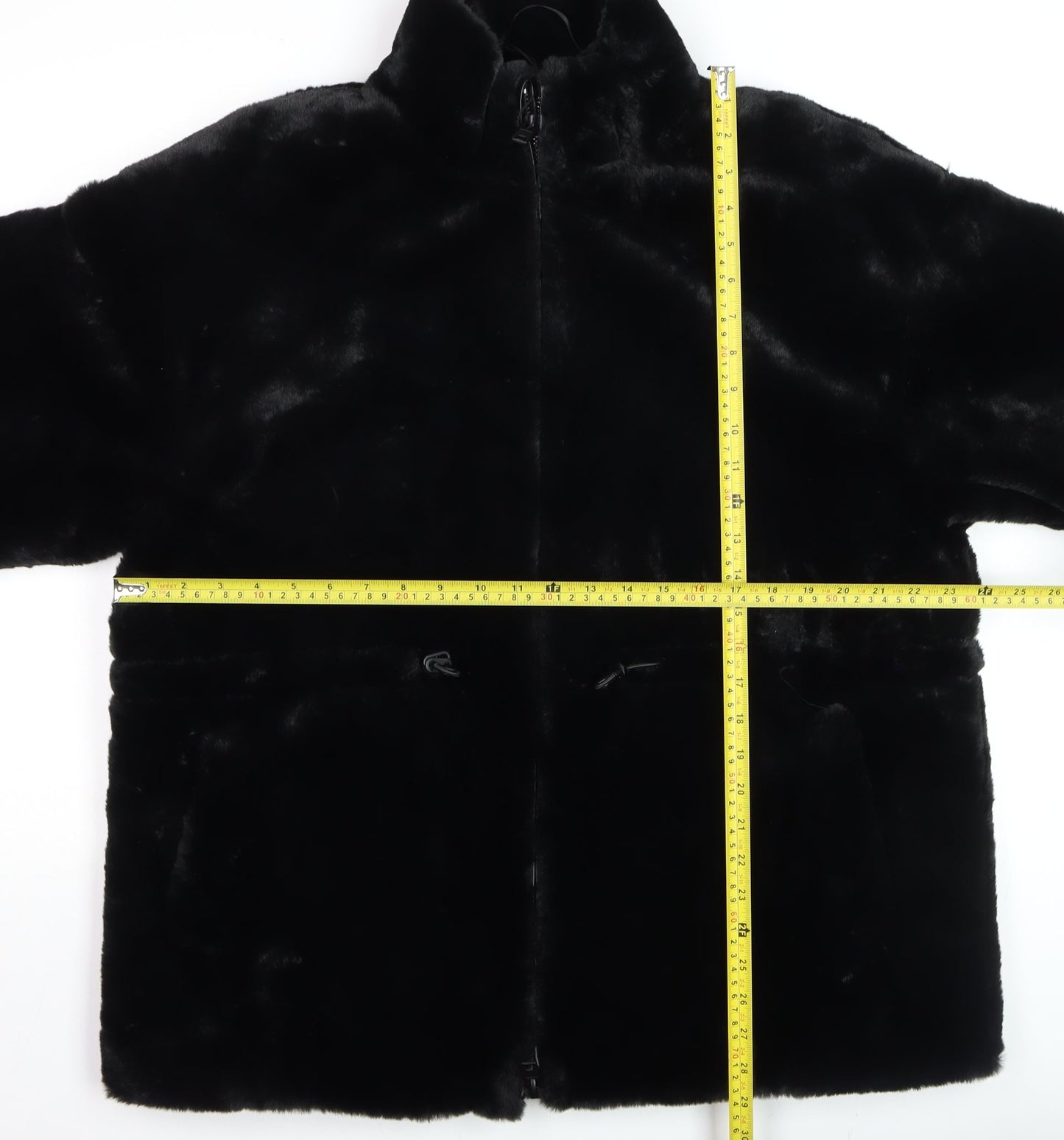Zara Women Black Faux Fur Mid-Length Coat Size L