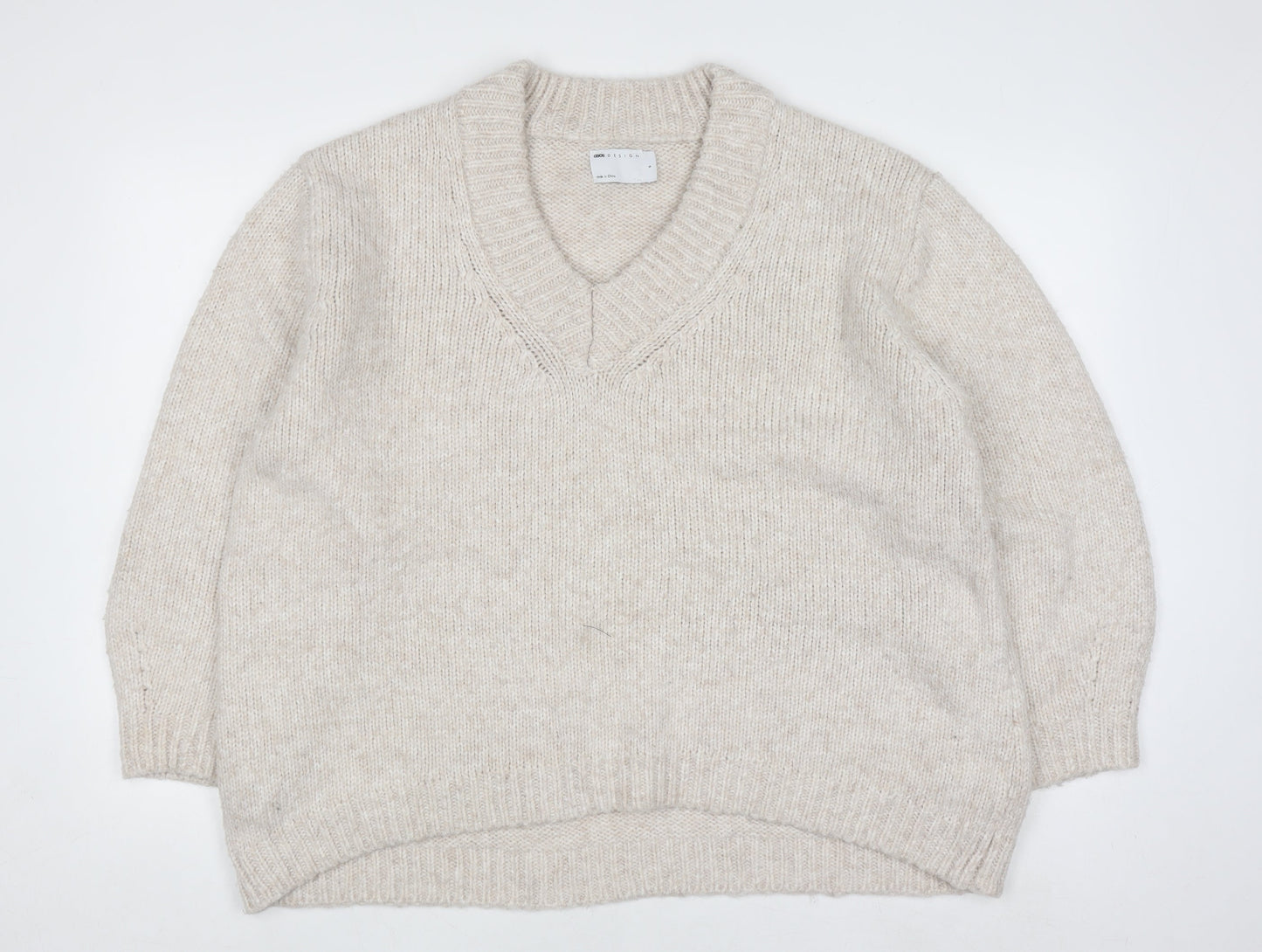 ASOS DESIGN Women's Beige Chunky-Knit V-Neck Pullover Jumper Size S