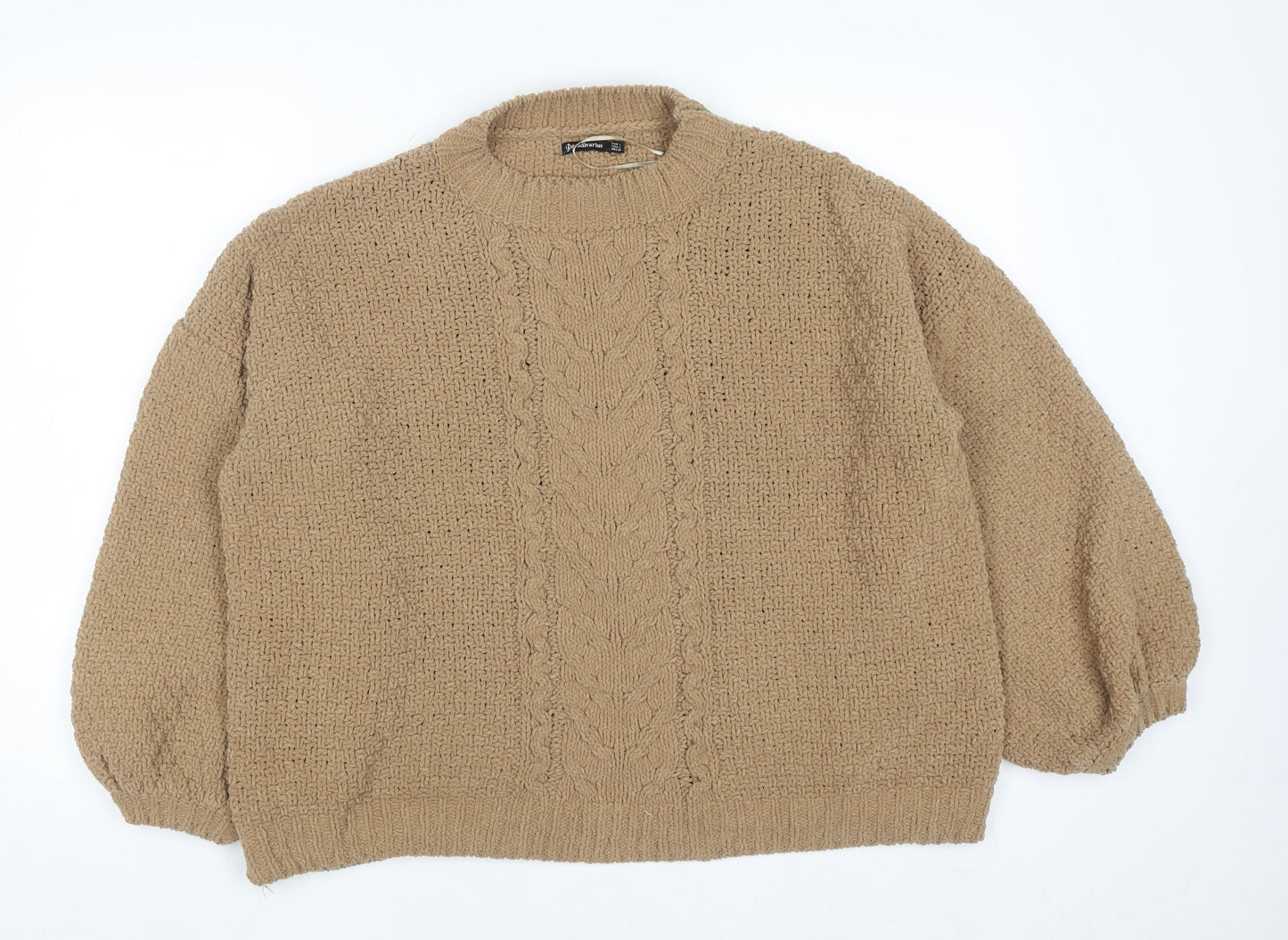 Stradivarius Women Beige Cable-Knit Crew Neck Pullover Jumper L