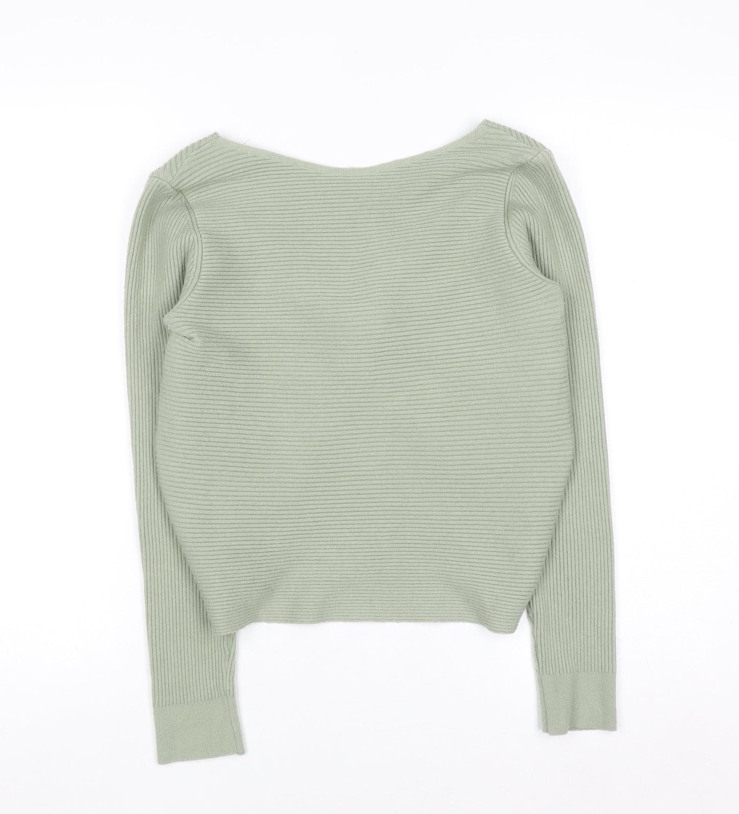 MNG Women's Green Ribbed V-Neck Twist Front Jumper Size 12