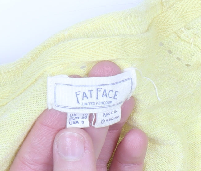 Fat Face Women Yellow Cotton V-Neck Cardigan Size 10