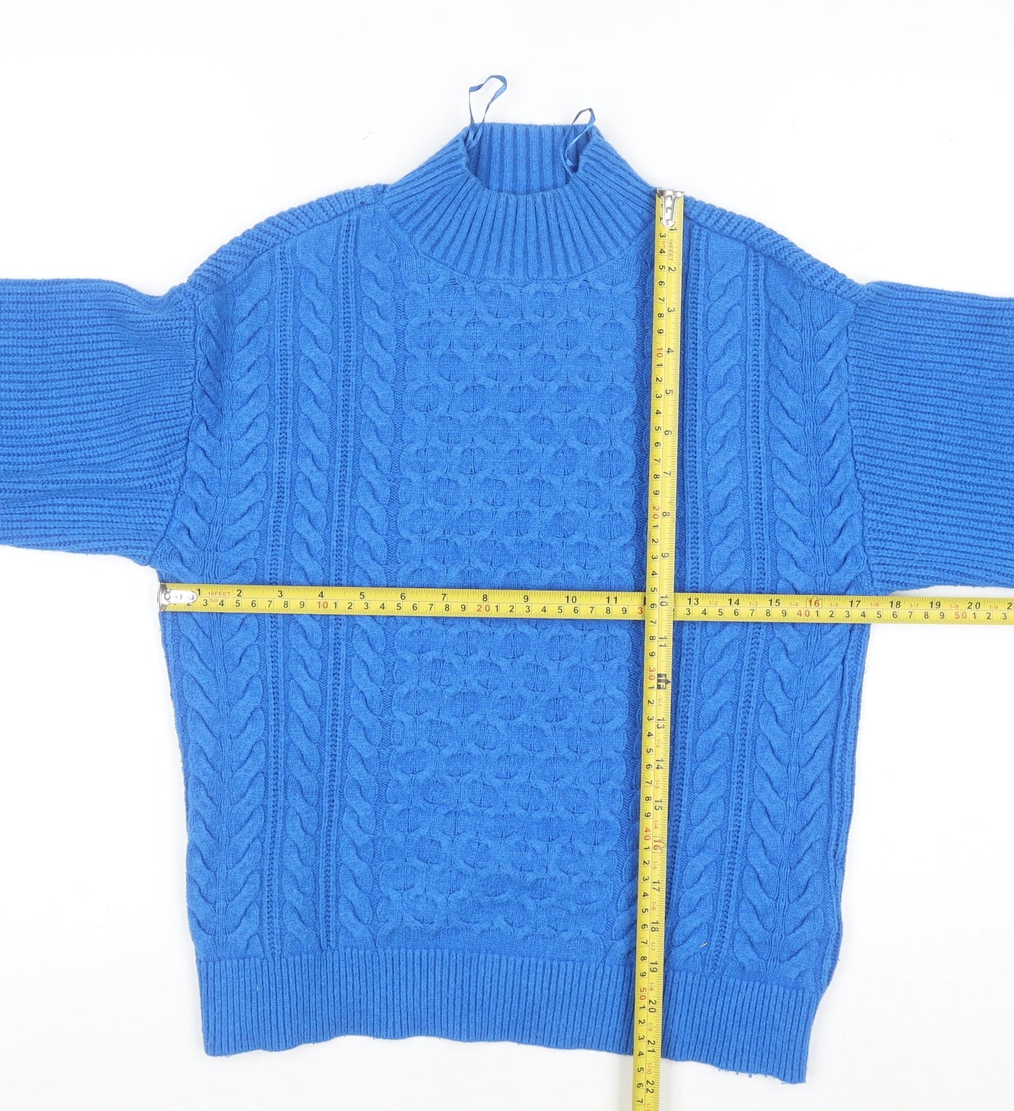 Marks and Spencer Women's Blue Mock Neck Cable Knit Jumper Small