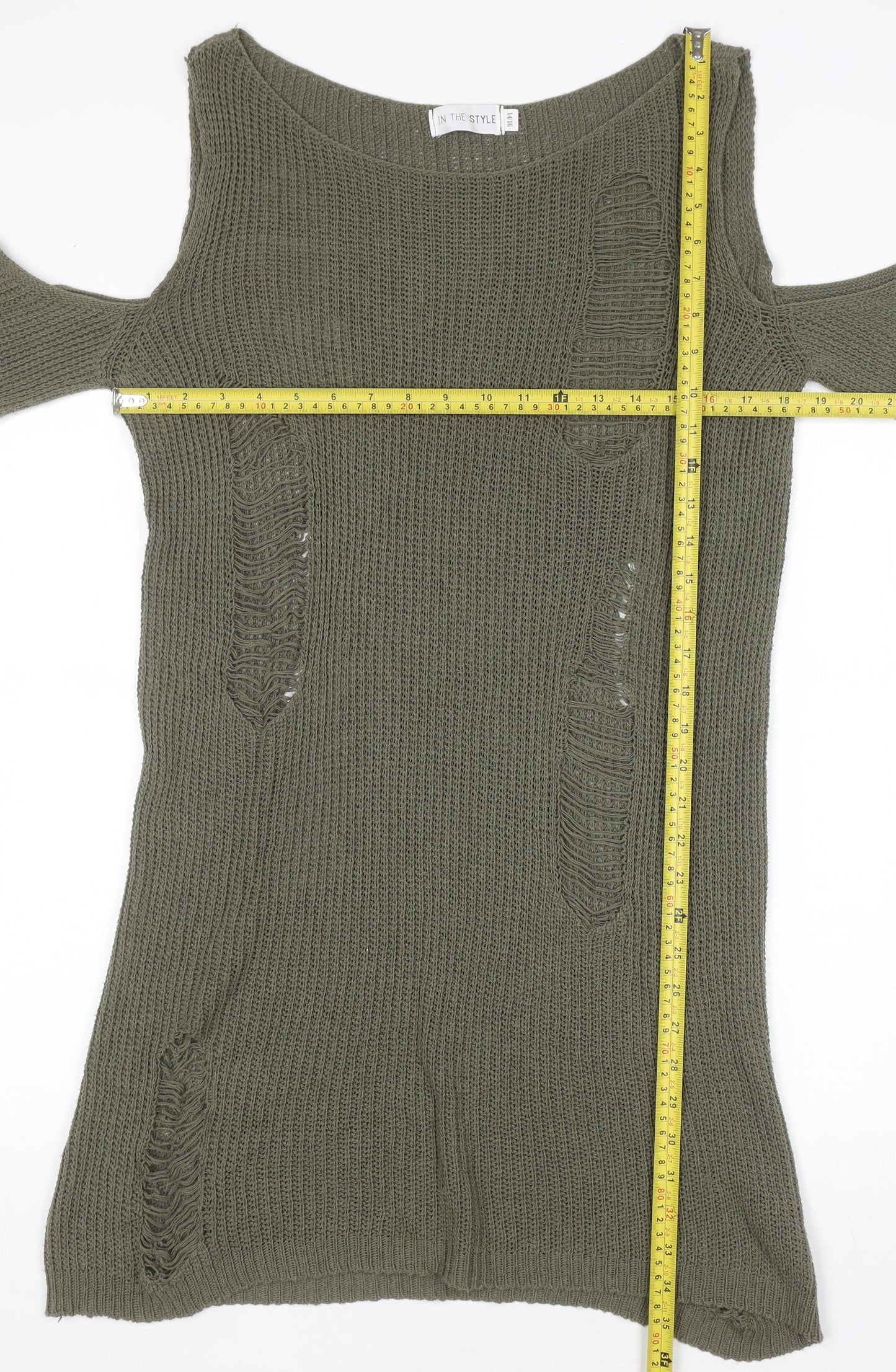 In The Style Women’s Green Size 14 Cold Shoulder Distressed Jumper Dress