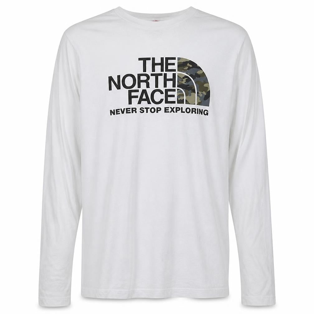 Front view of The North Face boys’ white cotton long sleeve logo t-shirt xl