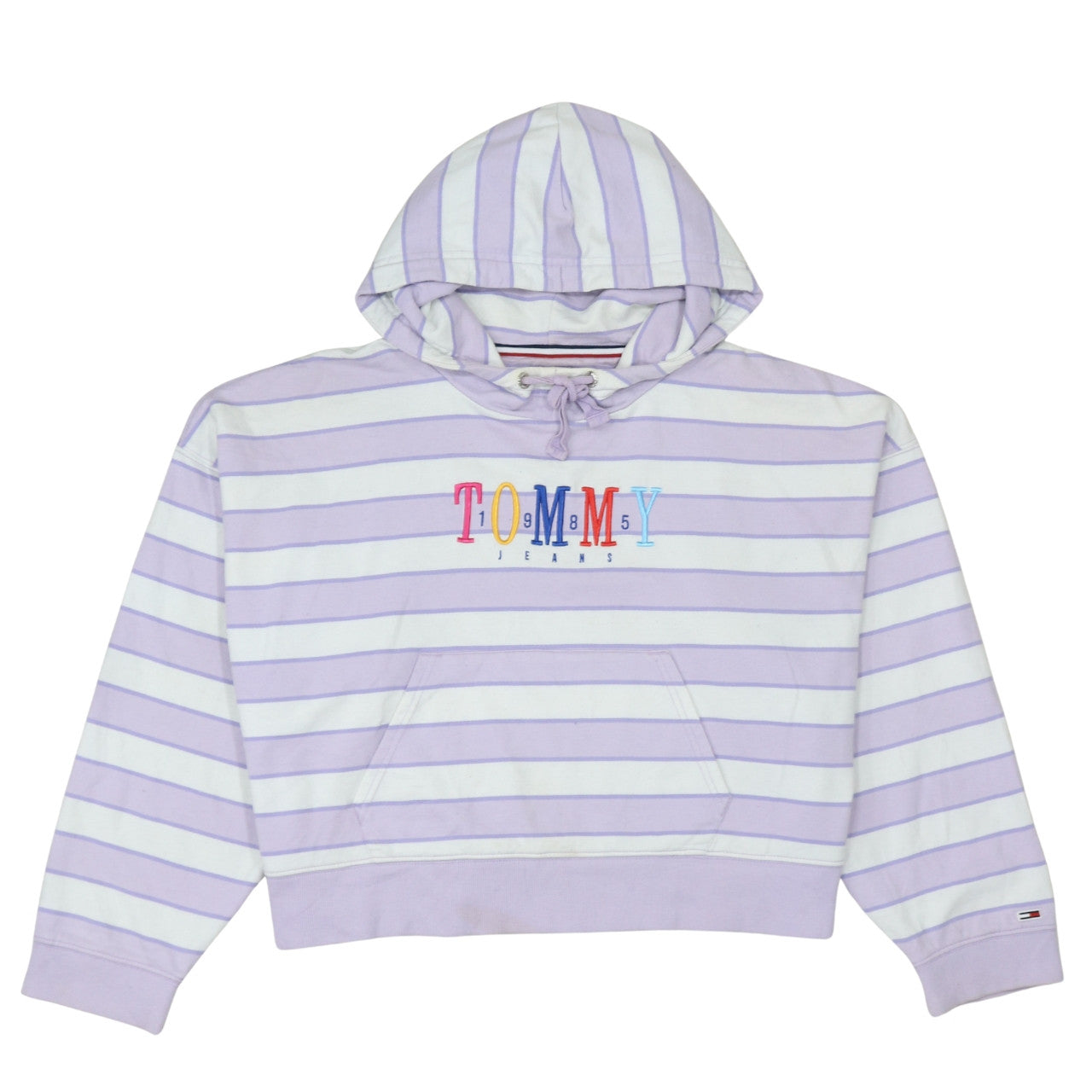Tommy Jeans Womens Lilac Striped Pullover Hoodie Size L Cotton