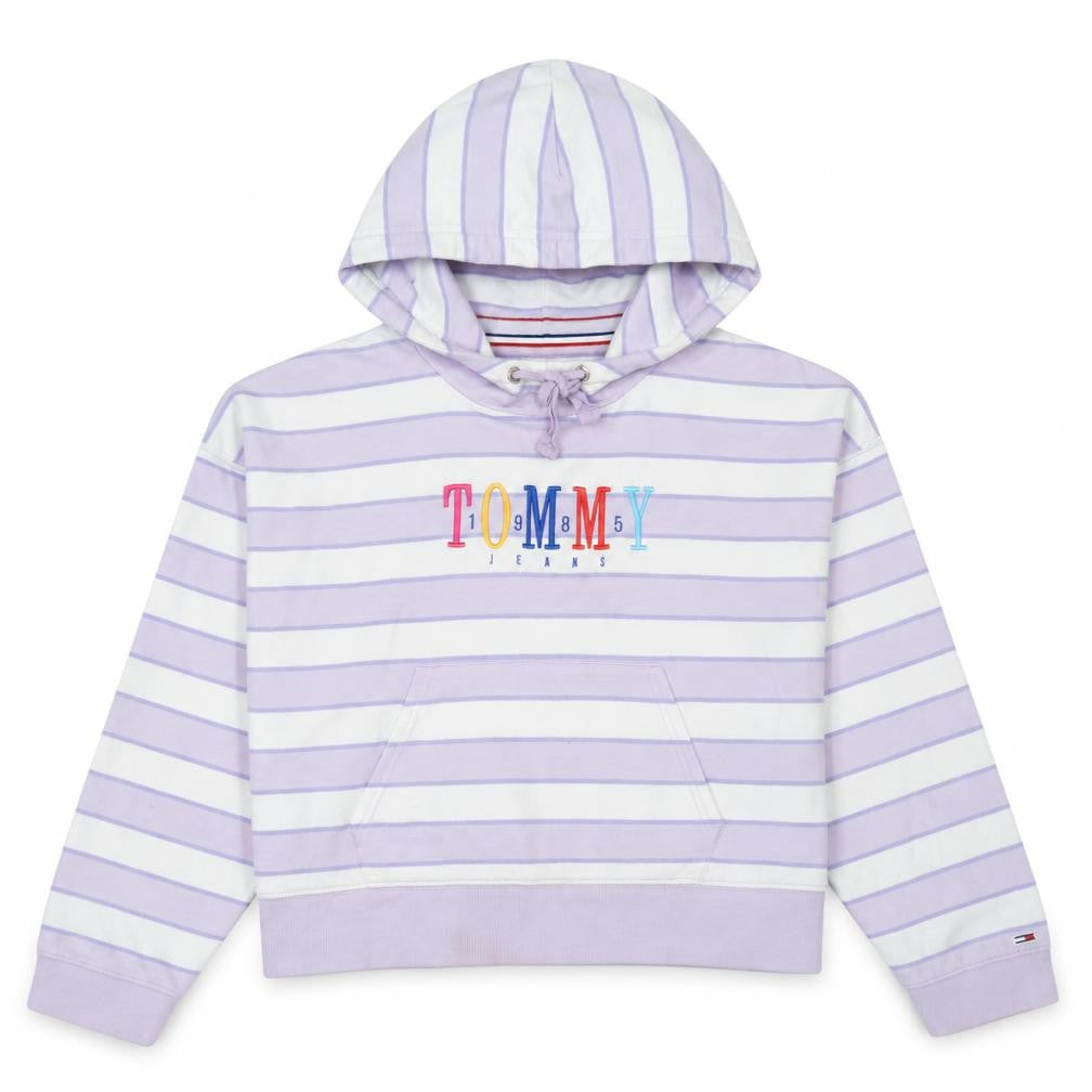 Tommy Jeans Womens Lilac Striped Pullover Hoodie Size L Cotton
