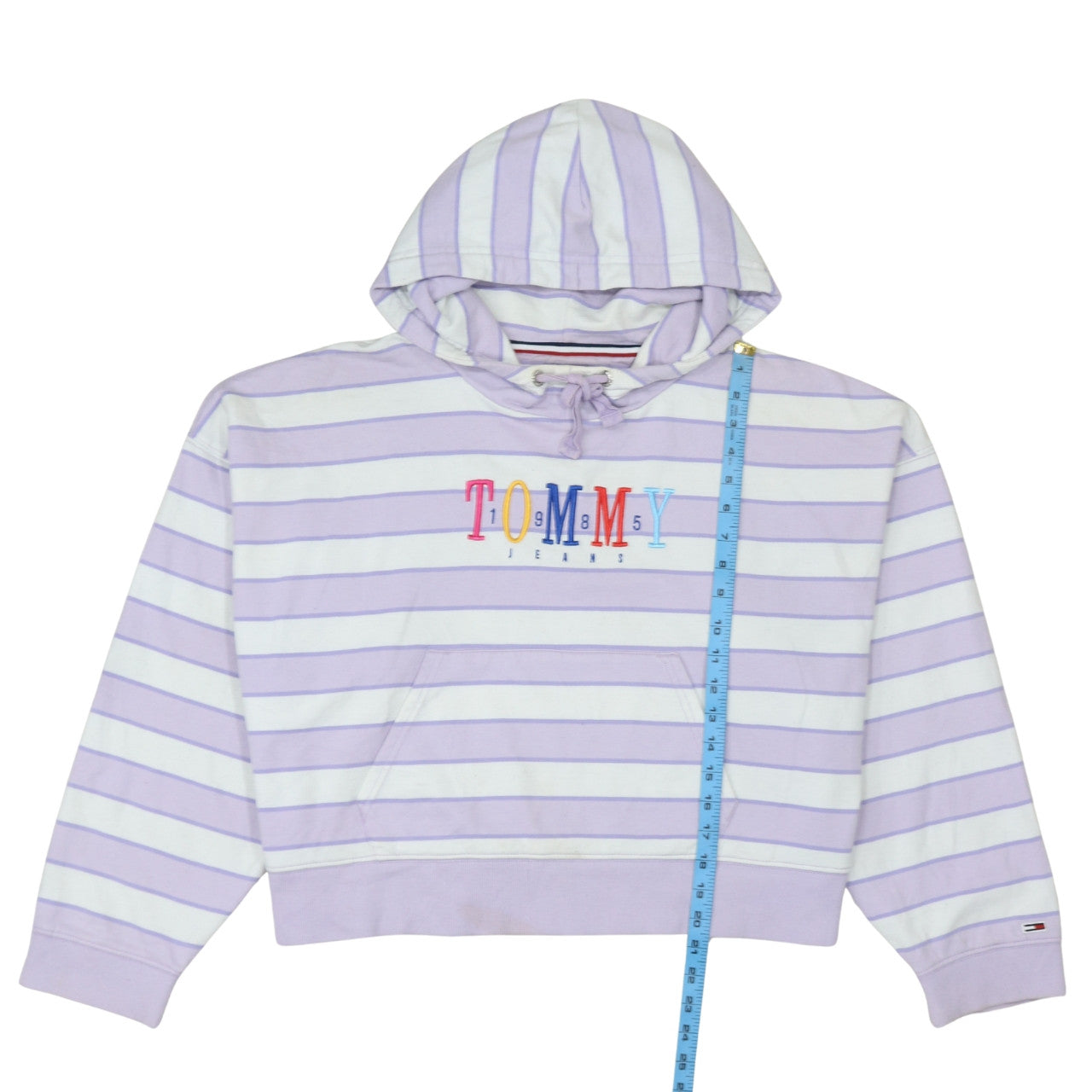 Tommy Jeans Womens Lilac Striped Pullover Hoodie Size L Cotton