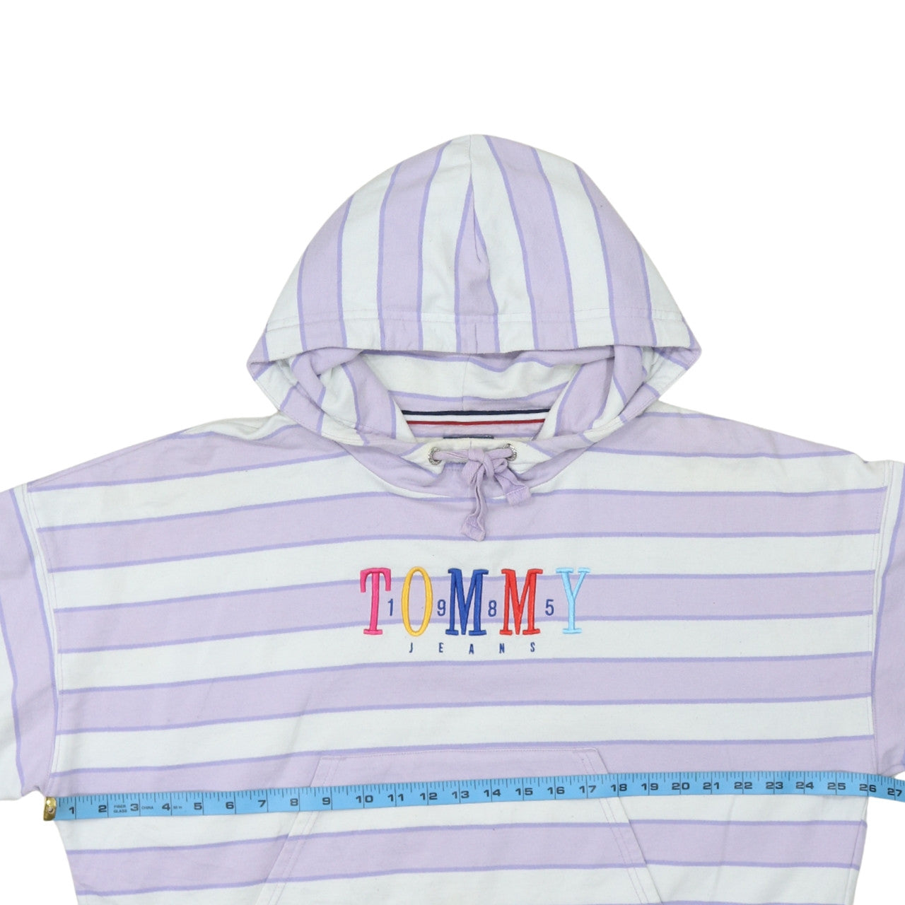 Tommy Jeans Womens Lilac Striped Pullover Hoodie Size L Cotton