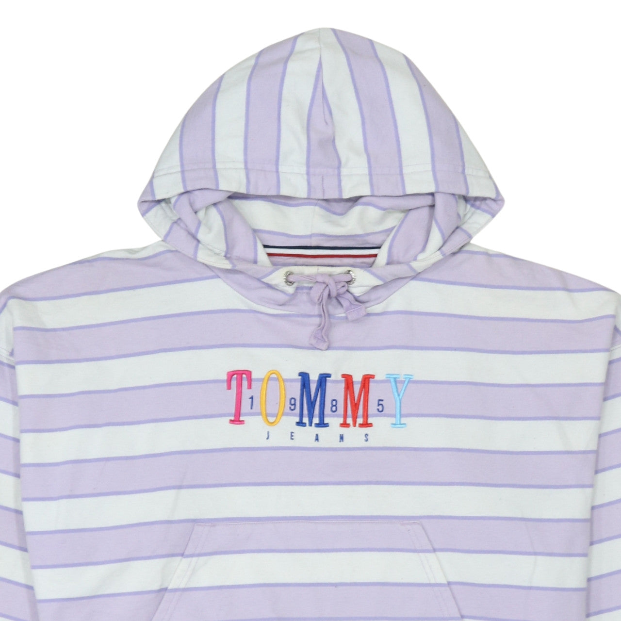 Tommy Jeans Womens Lilac Striped Pullover Hoodie Size L Cotton