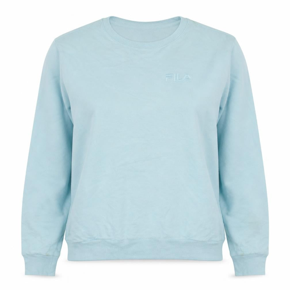 Front view of Fila Women's Blue Pullover Sweatshirt, size S, Crew Neck Logo Casual