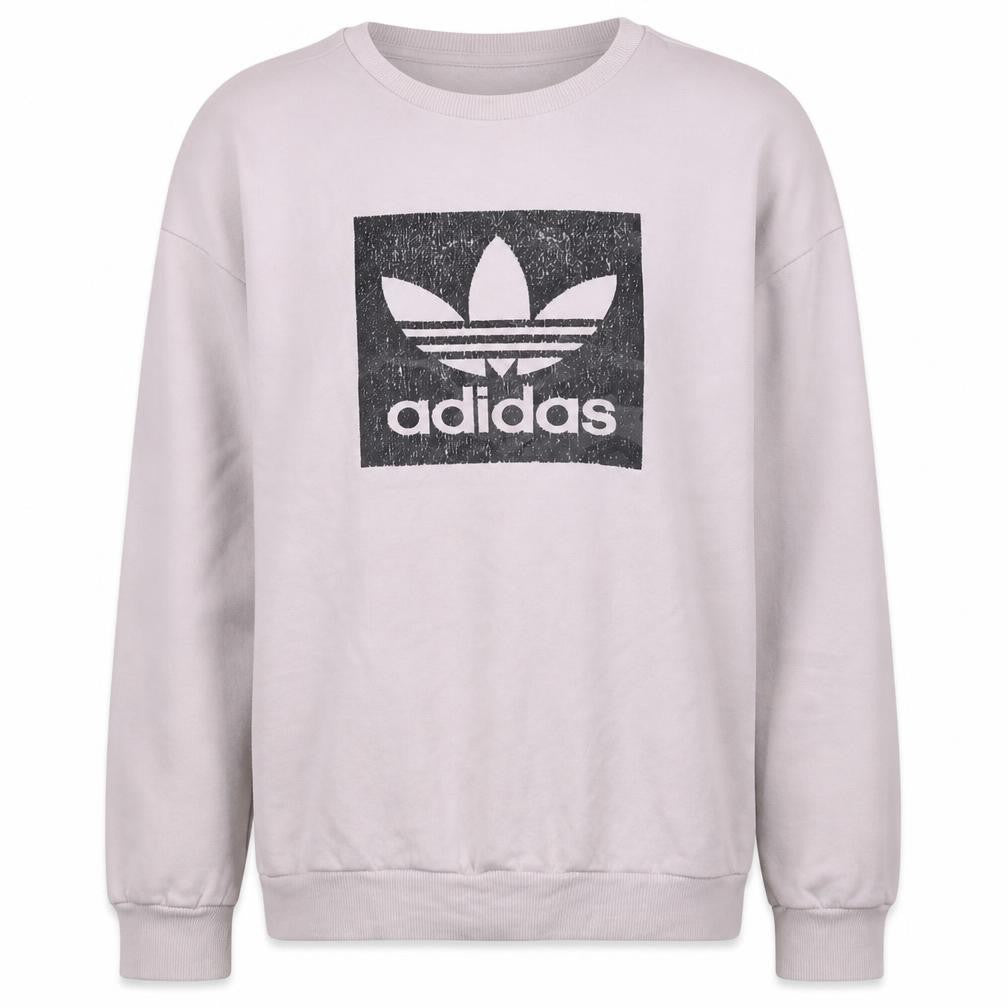 Front view of Adidas boys’ white xl sweatshirt with trefoil logo and crew neck