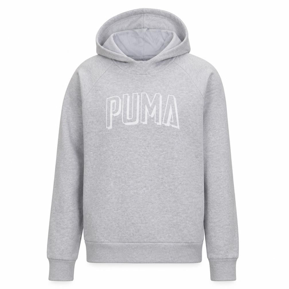 Front view of Puma Men's Grey Pullover Hoodie, size S, Regular Fit Sportswear