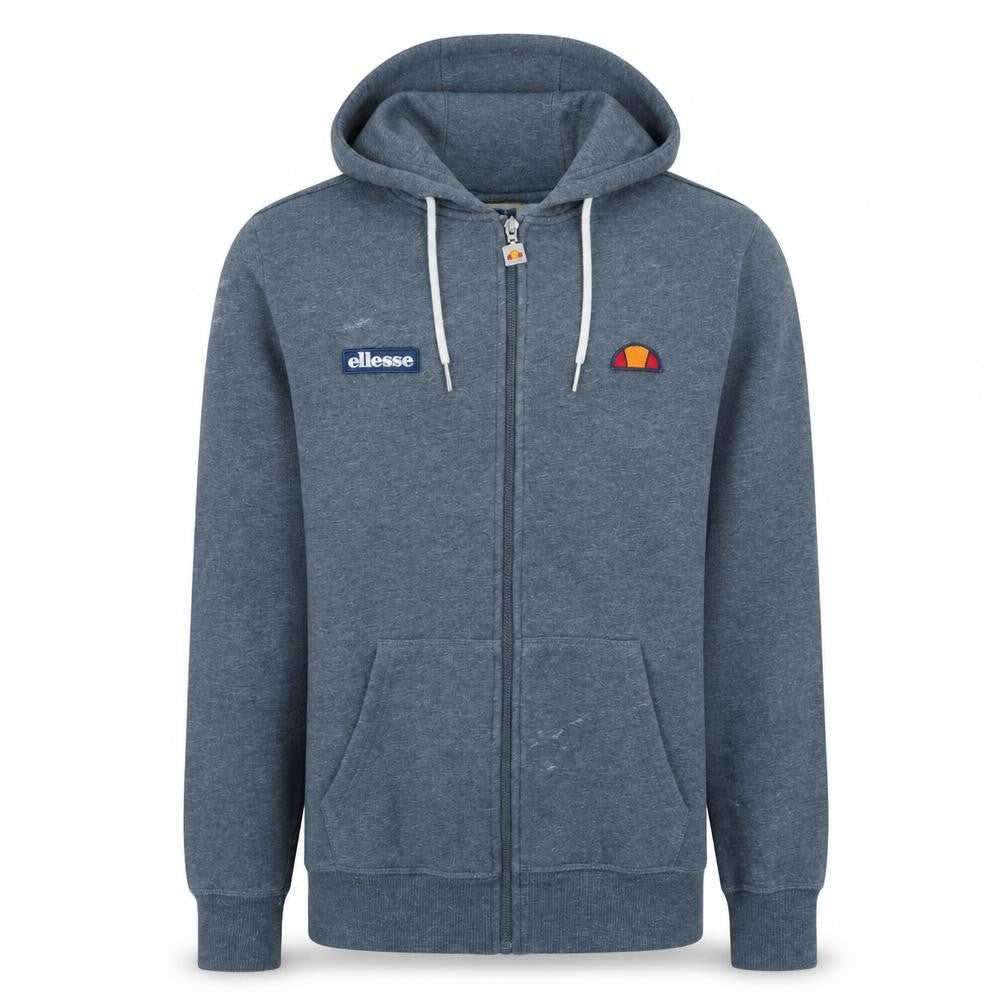 Front view of Ellesse men’s blue full zip hoodie m regular fit logo fleece