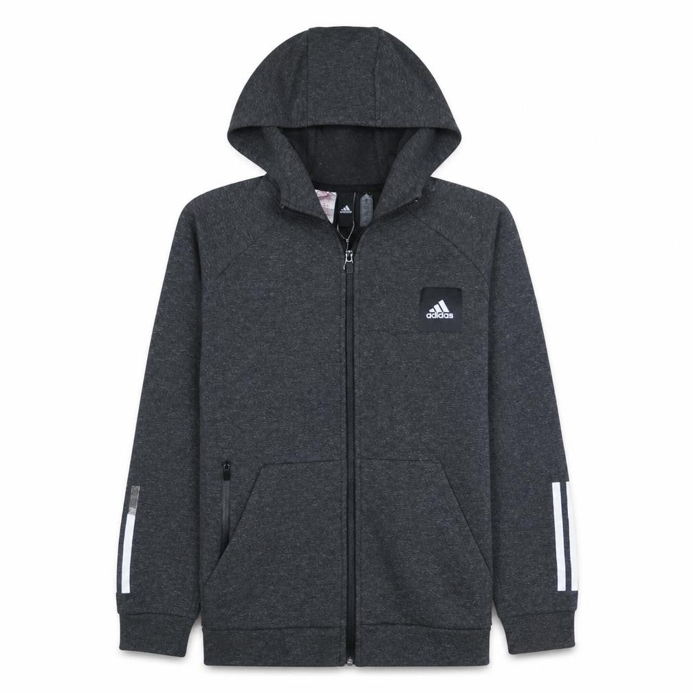 Front view of Adidas boys’ dark grey full zip hoodie, size 11-12, years hooded sportswear