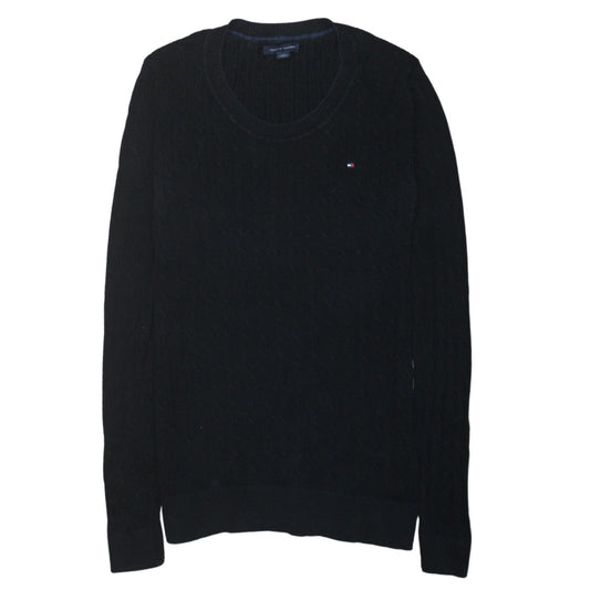 Tommy Hilfiger Men's Black Cable-Knit Cotton Crew Neck Jumper M