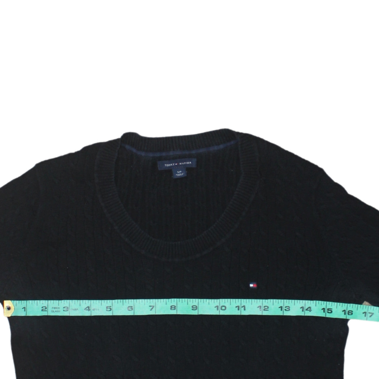 Tommy Hilfiger Men's Black Cable-Knit Cotton Crew Neck Jumper M