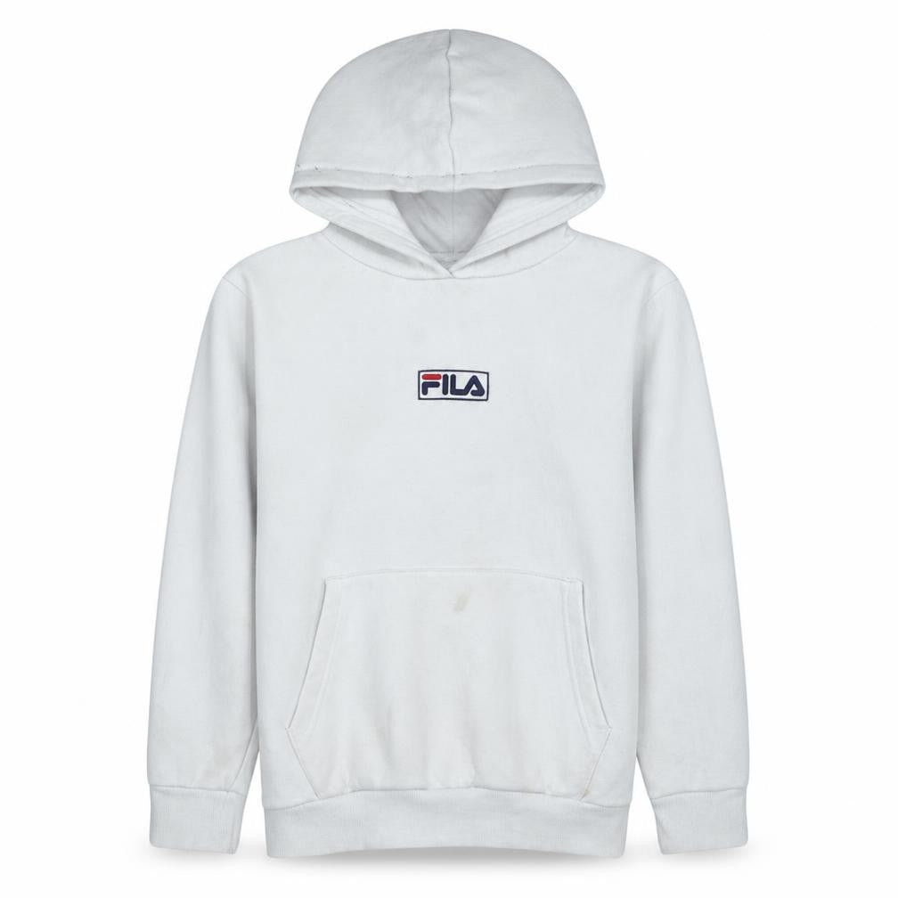 Front view of Fila boys’ white pullover hoodie 13 years cotton blend logo design