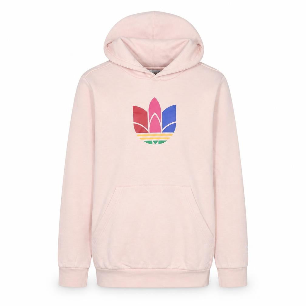 Front view of Adidas girls’ pink logo pullover hoodie 13-14 years regular fit lightweight