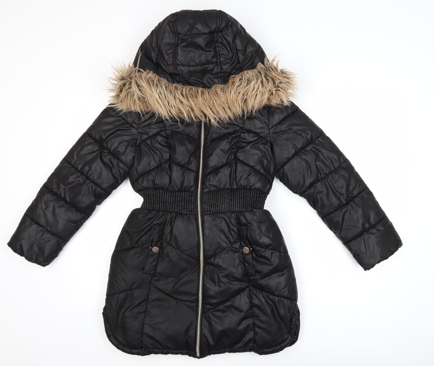 Michael Kors Girls Black Long Puffer Coat 10-11 Years Hooded Faux Fur Trim