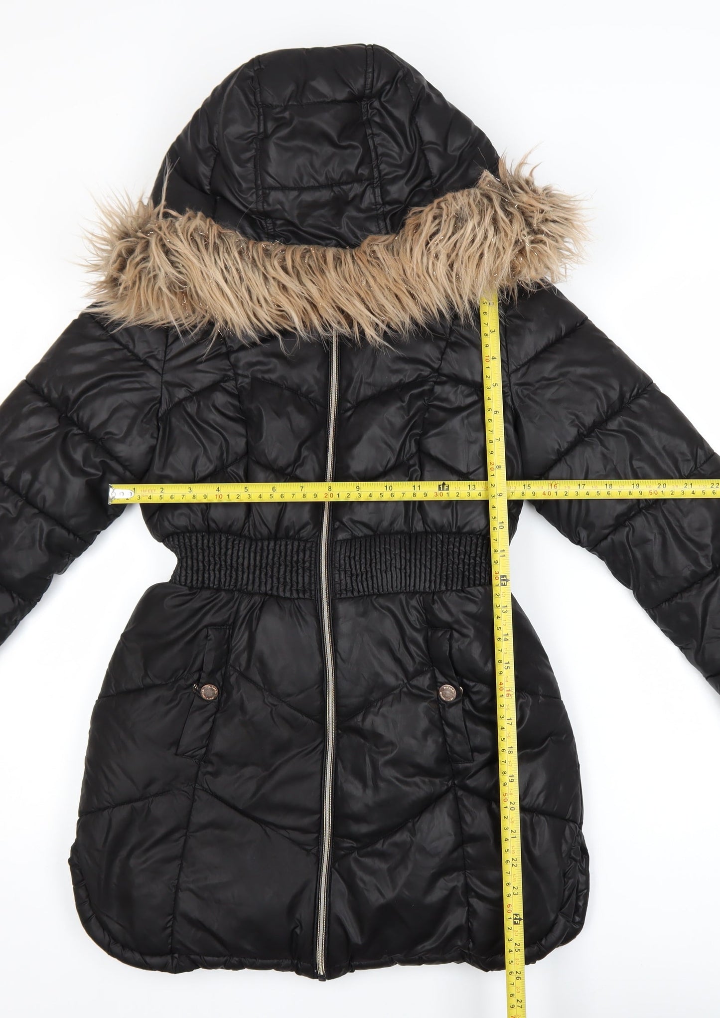 Michael Kors Girls Black Long Puffer Coat 10-11 Years Hooded Faux Fur Trim