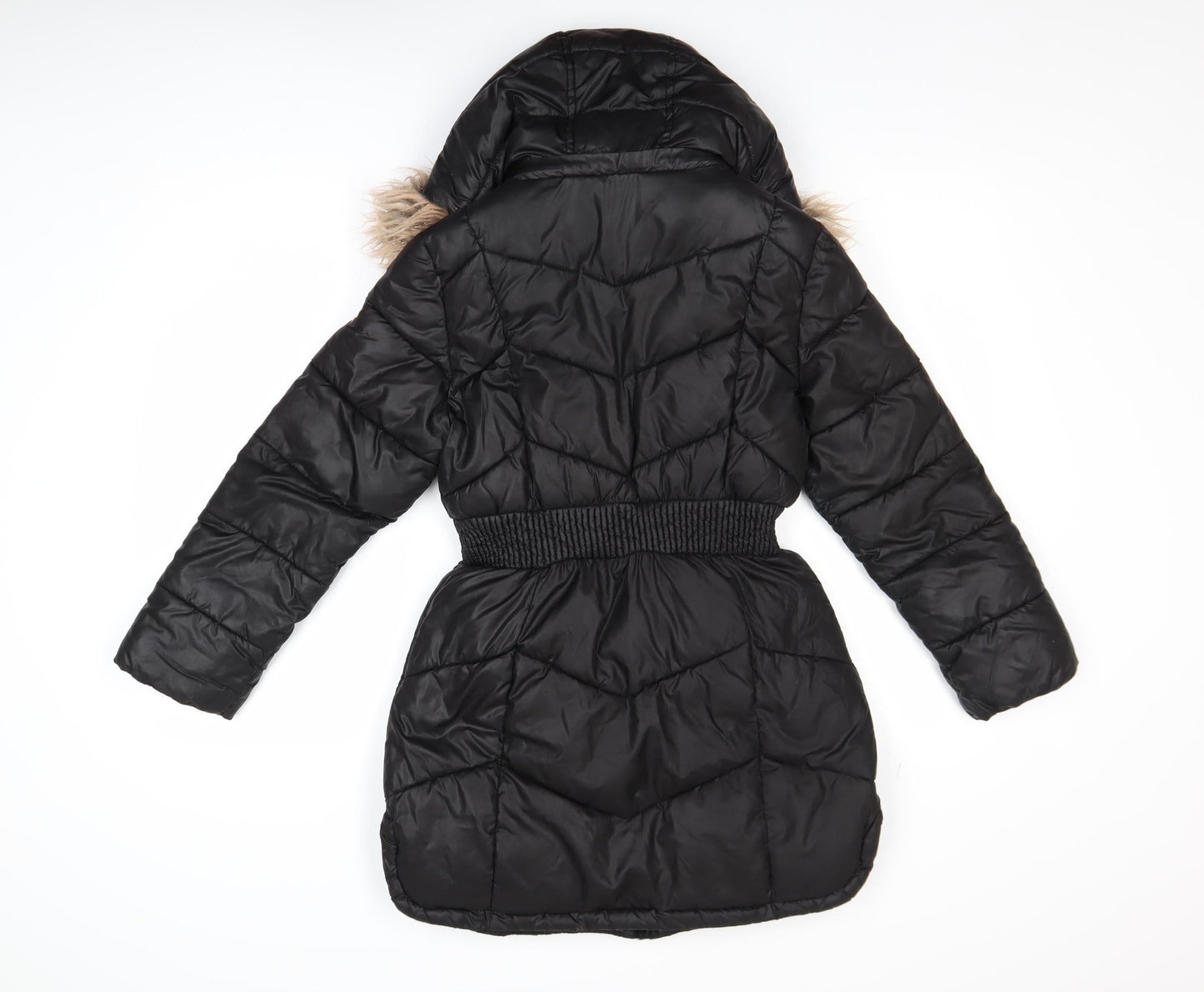Michael Kors Girls Black Long Puffer Coat 10-11 Years Hooded Faux Fur Trim