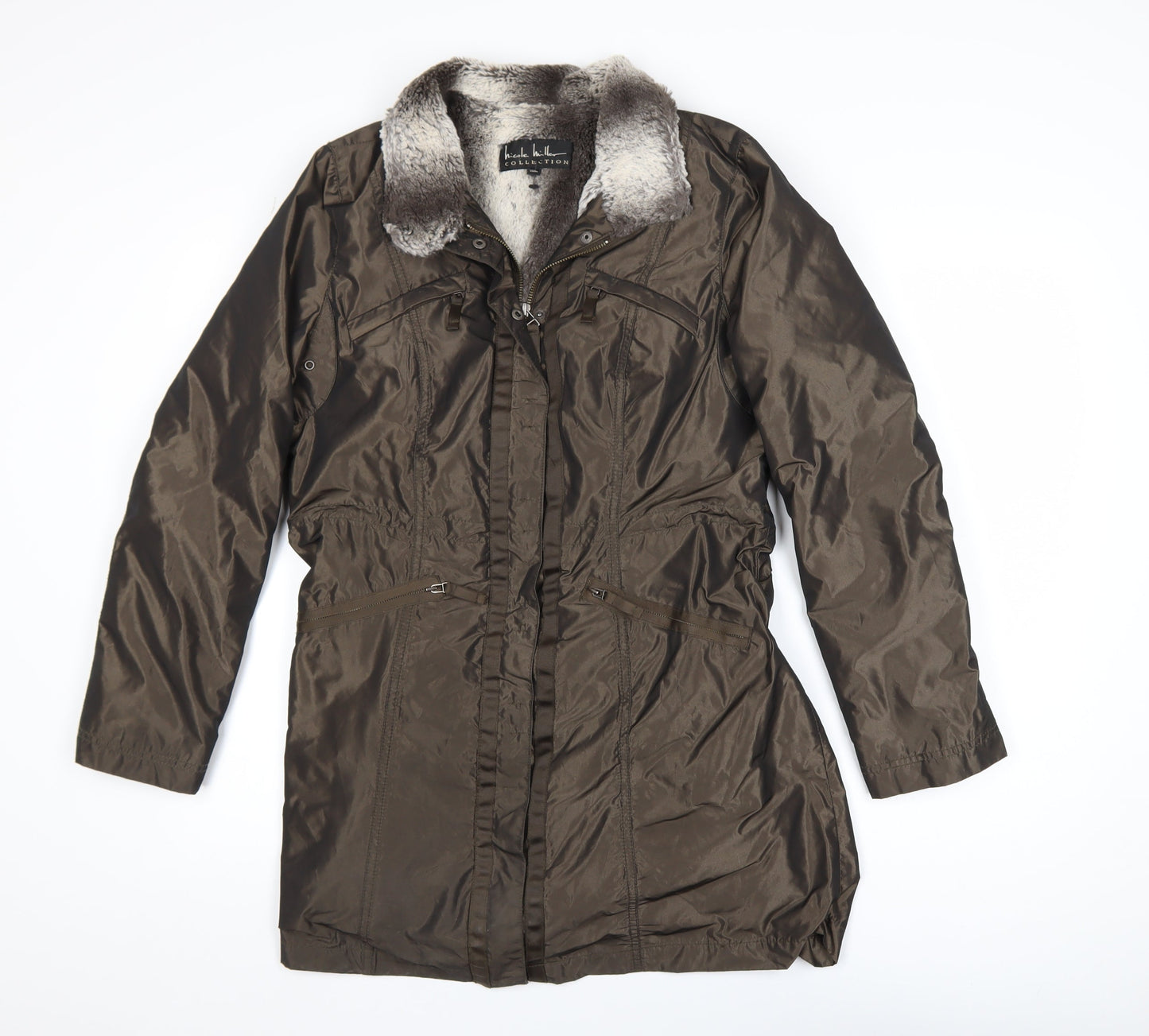 Nicole Miller Women's Brown Faux Fur Lined Long Parka Coat Size S