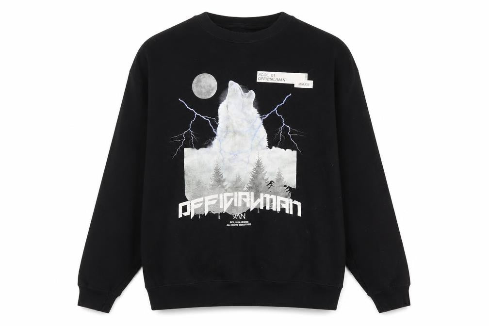 Front view of boohooMAN Men's Black Graphic Wolf Sweatshirt, size S, Regular Fit
