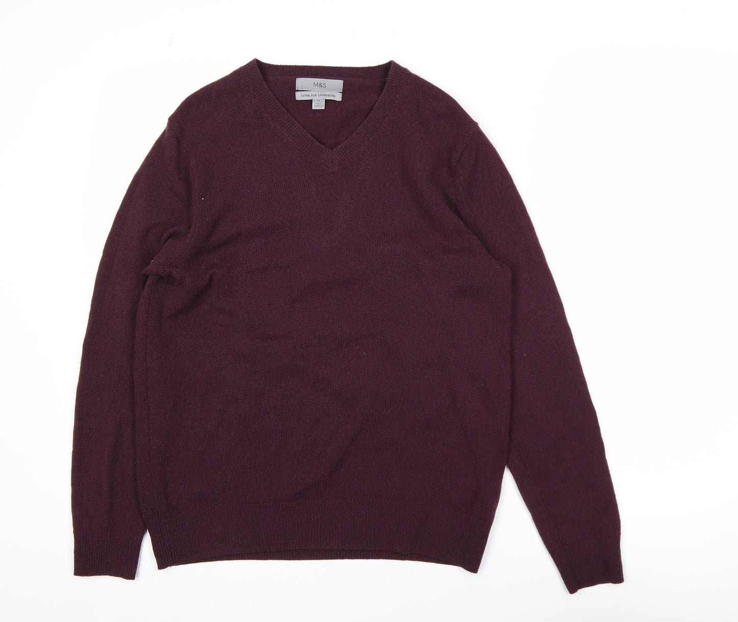 Marks and Spencer Men's Purple Wool V-Neck Jumper Size M