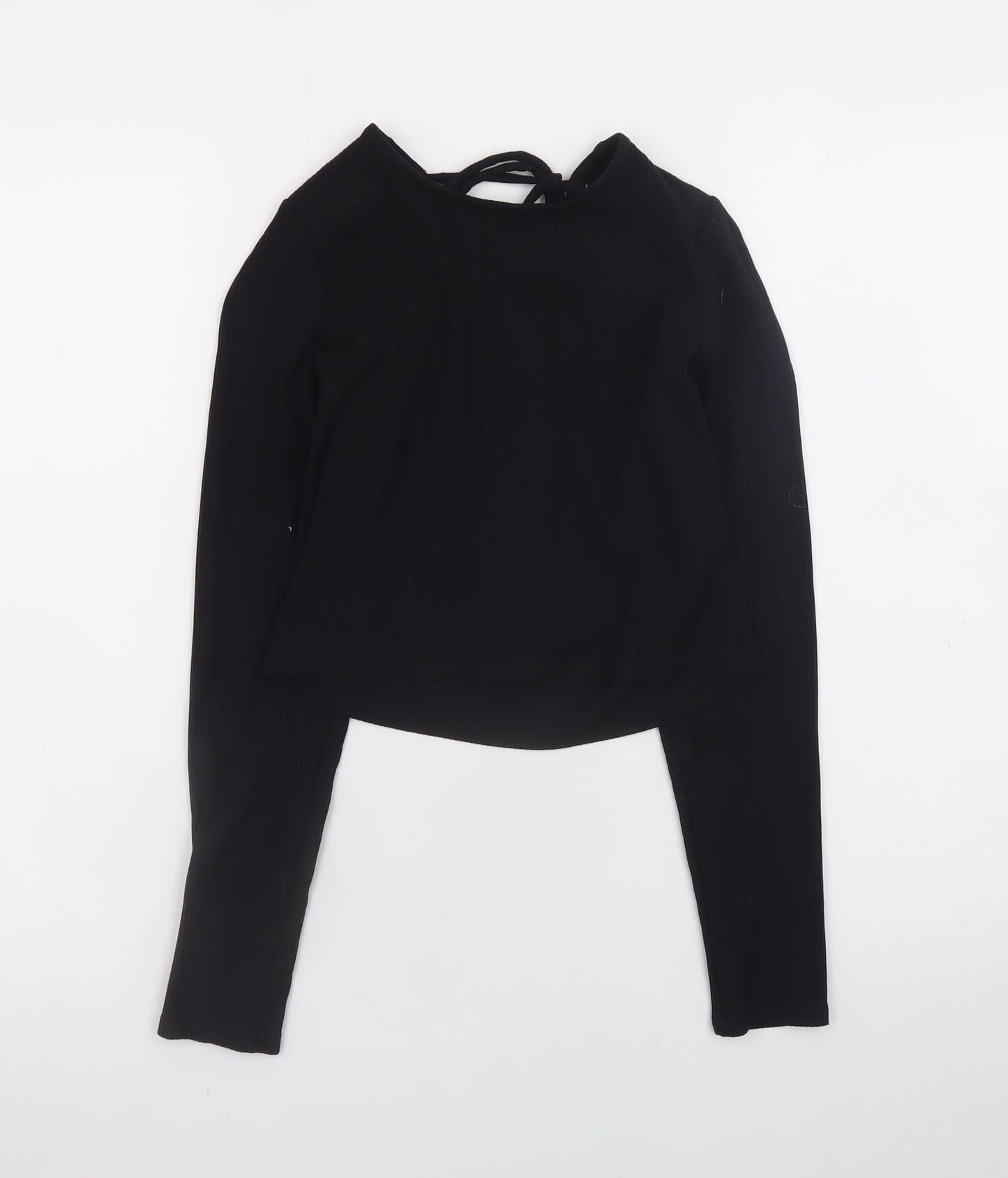 Monki Women Black Cropped Long Sleeve Jersey Top Size S