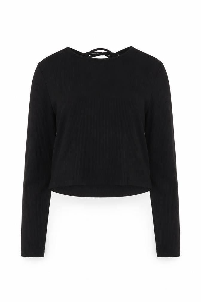 Monki Women Black Cropped Long Sleeve Jersey Top Size S