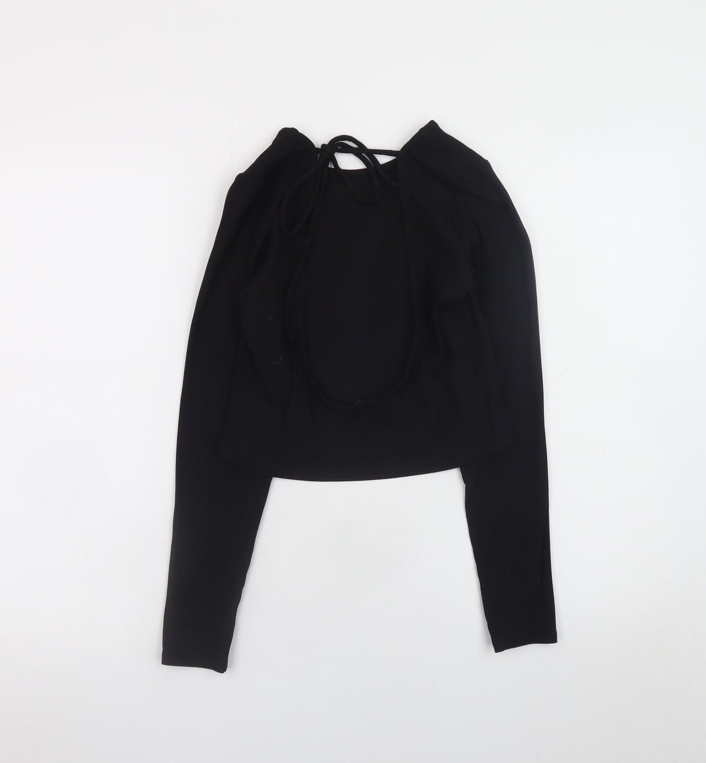Monki Women Black Cropped Long Sleeve Jersey Top Size S