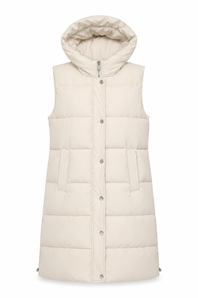 Cherry Koko Women's Beige Long Hooded Puffer Waistcoat M