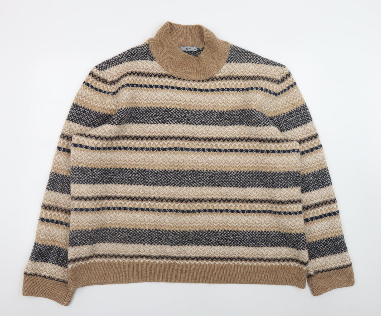 Tu Men’s Beige Fair Isle Roll Neck Jumper 3XL Regular Knit