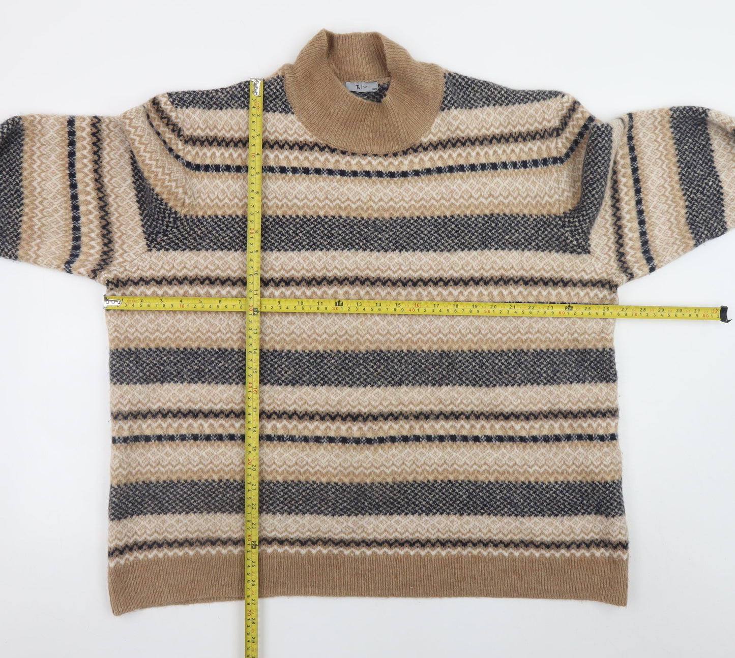 Tu Men’s Beige Fair Isle Roll Neck Jumper 3XL Regular Knit