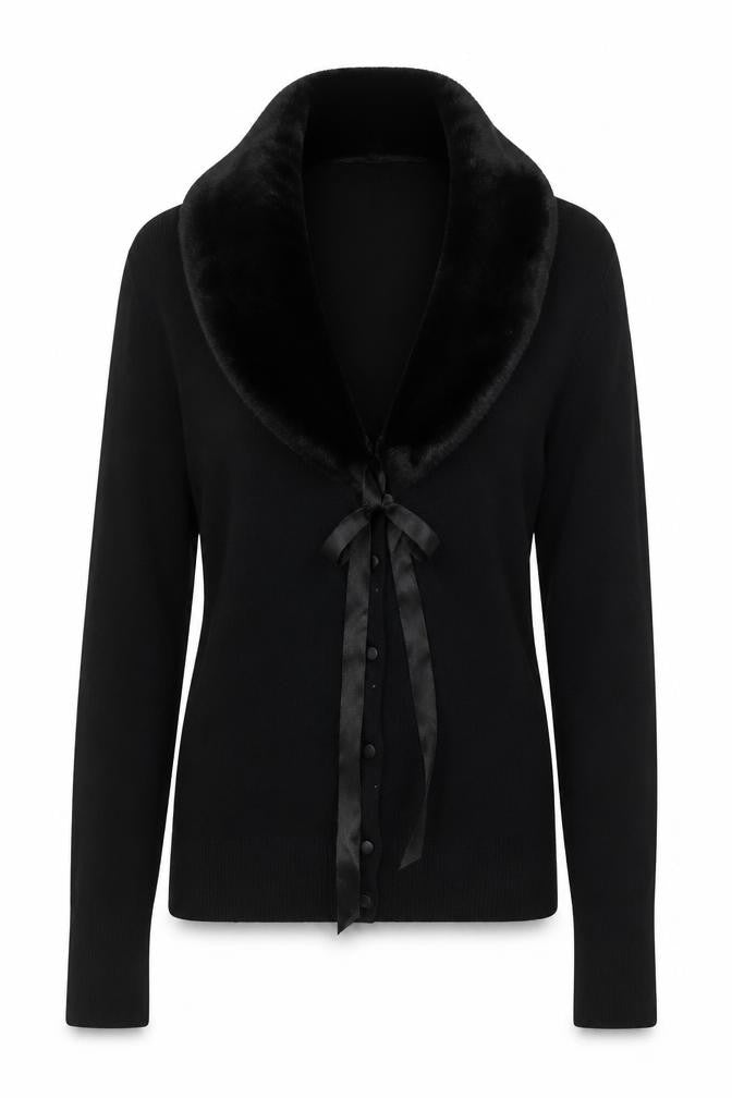 F&F Womens Black Wrap Button-Up Faux Fur Collar Cardigan Size 8